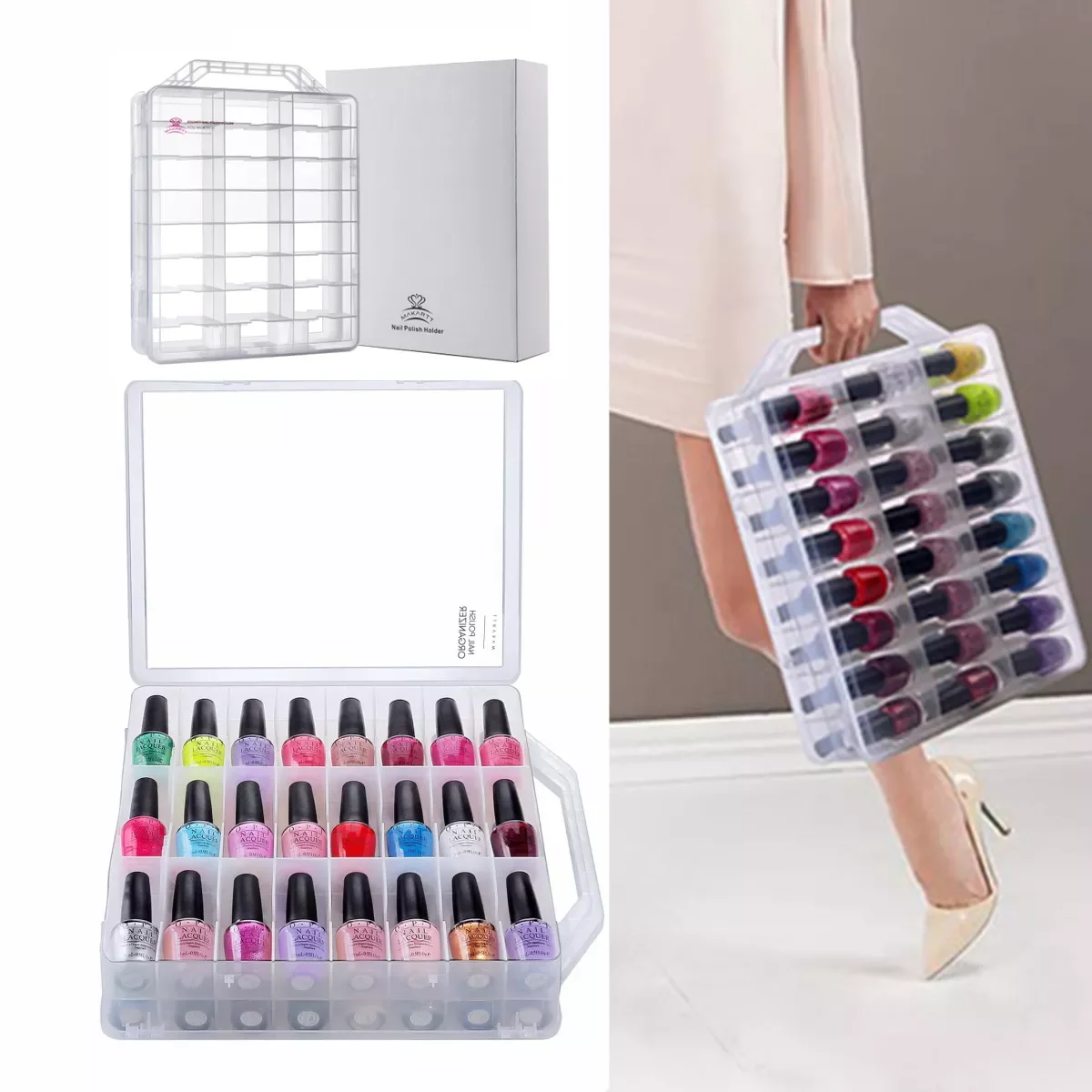 

NEW2023 Clear Nail Polish Organizer Holder for 48 Bottles with Adjustable Compartments Portable Nail Polish Case