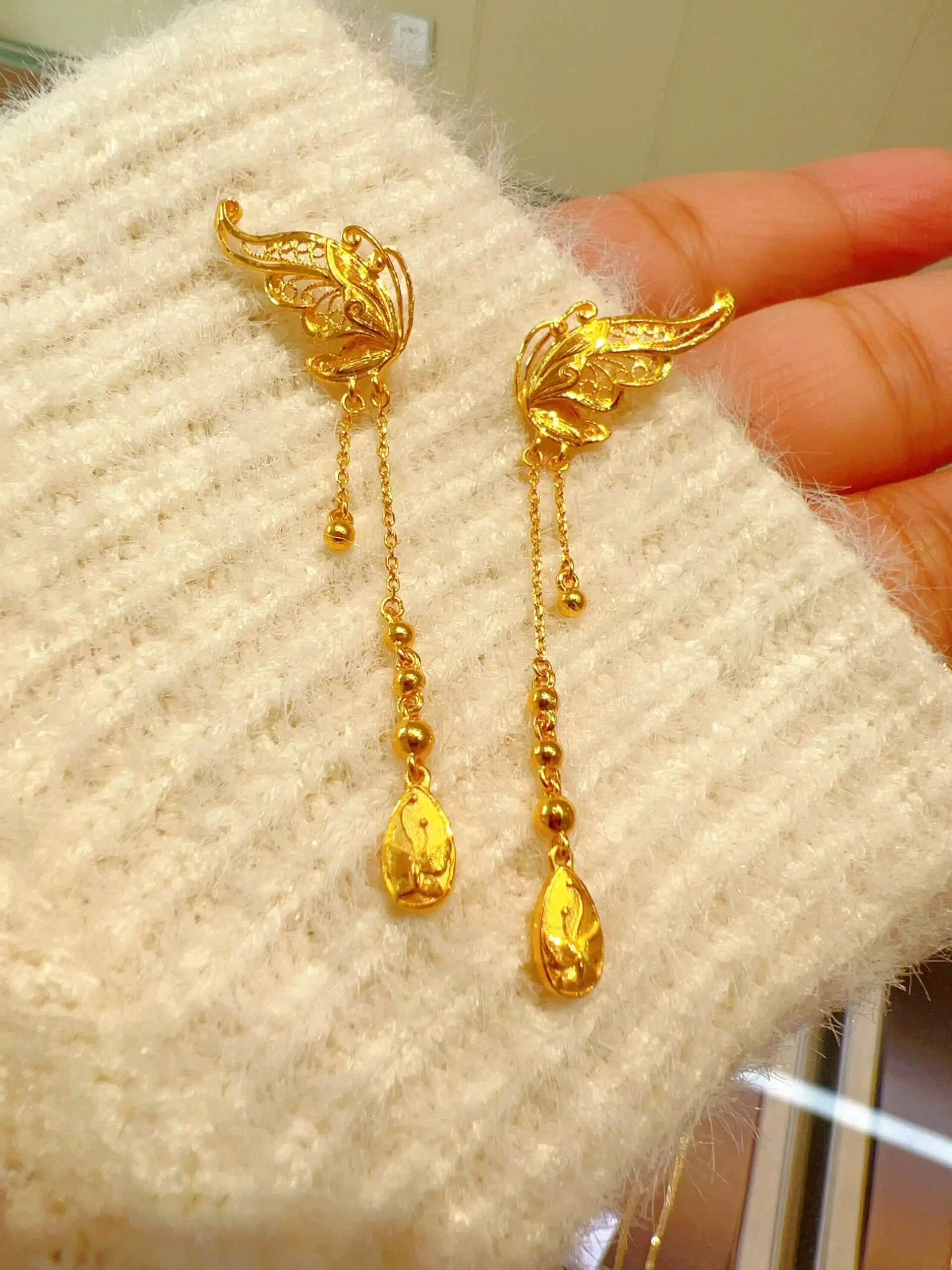 24K Золотой Цветок Шелковые Висячие Серьги Женщины Бессмертный Темперамент