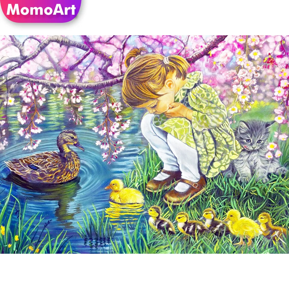 

MomoArt Алмазная вышивка, девушка Детская мозаика уточка полная квадратная круглая Картина кошки рисунок озера
