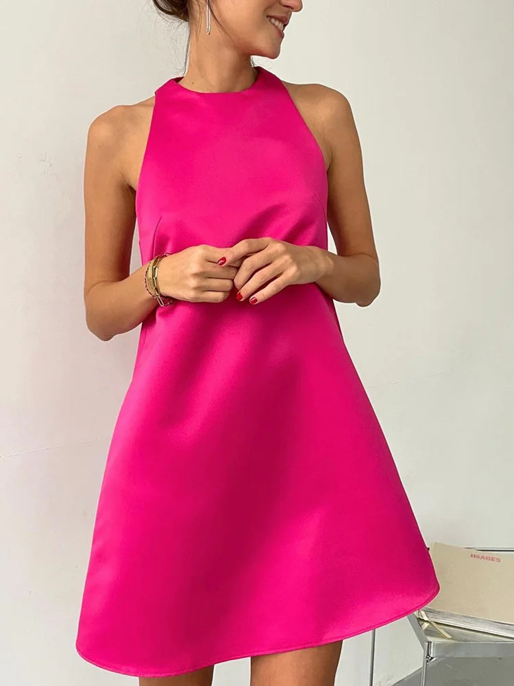 

Women Vintage Solid Satin Sleeveless Mini Dress Female Fashion O Neck Zipper High Waist A Line Party Dress 2022 Spring Summer