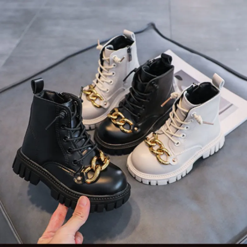 Autumn and Winter Children's Plush Cotton Boots 2023 Winter Boys and Girls Metal Chain PU Boots enlarge