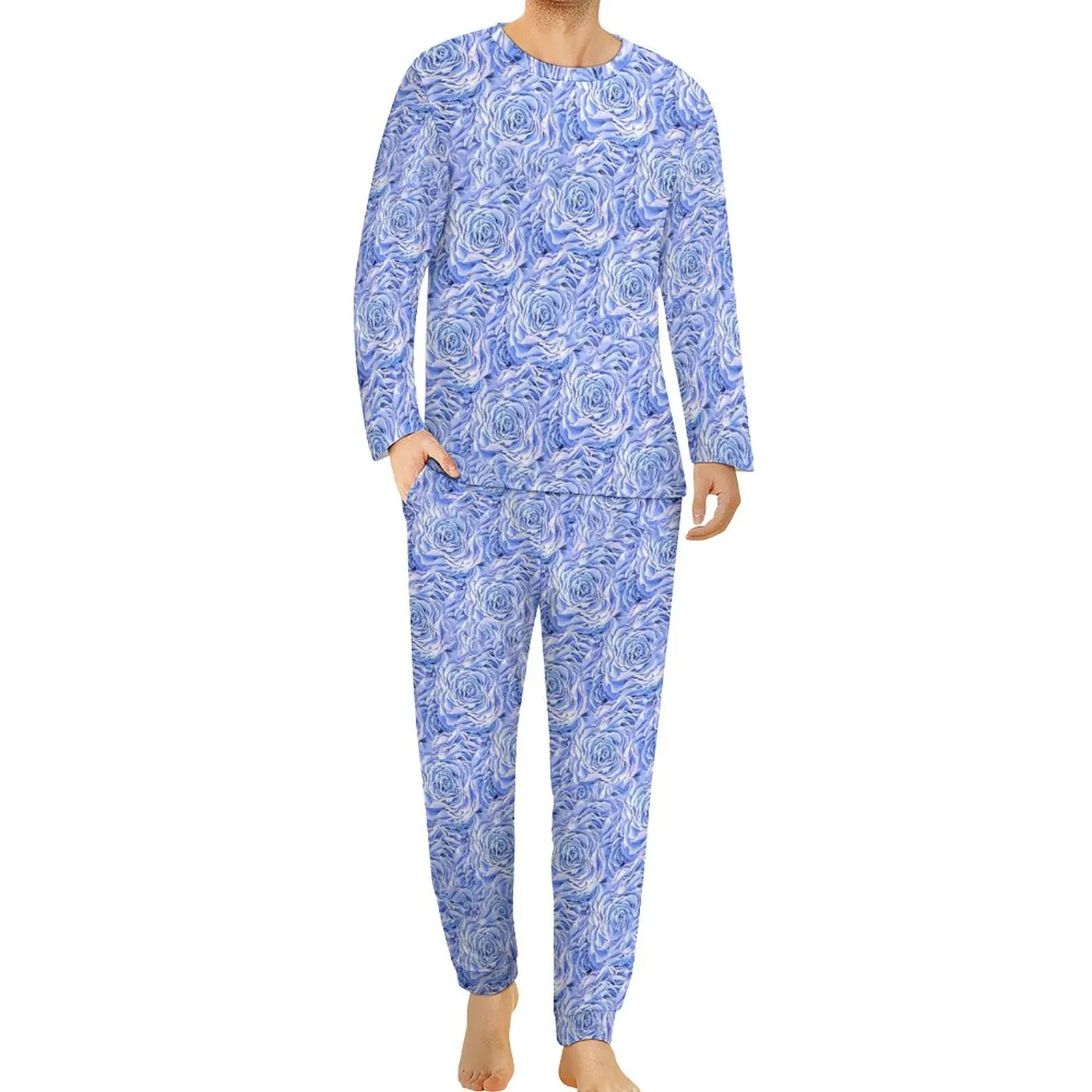 

Light Blue Rose Pajamas Autumn 2 Pieces Vintage Flower Cute Pajama Sets Male Long Sleeve Leisure Graphic Sleepwear Big Size 5XL