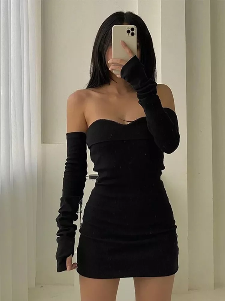 

Gothic Sexy Tube Top Women Dresses Off Shoulder Gloves Streetwear Party Dress Outfits Elegant Women Clothing Mini Dress