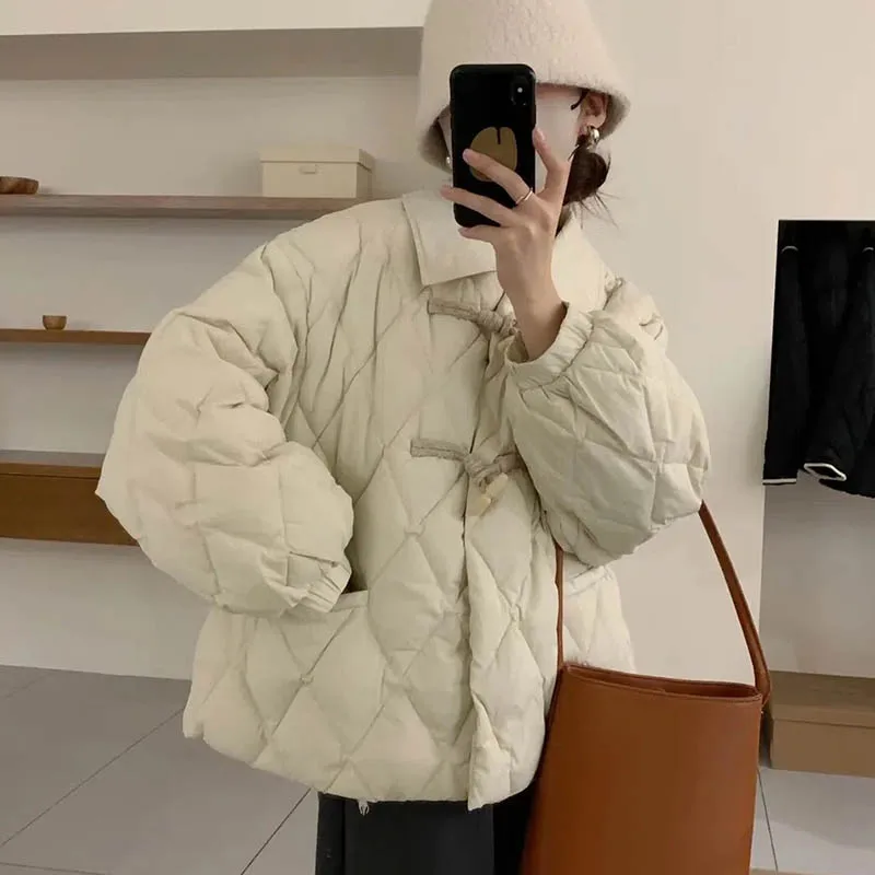 

Winter Women's New Oversize Coat South Korea Fashion Casual Cow Horn Buckle Coat Loose Warm Thickened Lingge Cotton Clothes