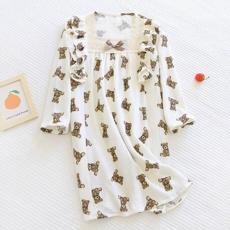 Night Gown for Women Cartoon Bear Nightdress Girl Pullover Long Sleeve Square Collar Cotton Crepe Lace Spring Bow Tie Thin Home