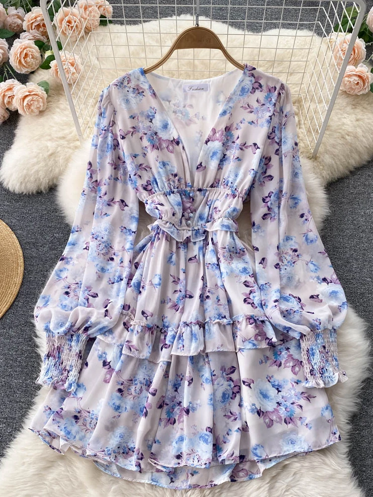 

Женское мини-платье с цветочным принтом, V-образным вырезом и длинным рукавом-фонариком