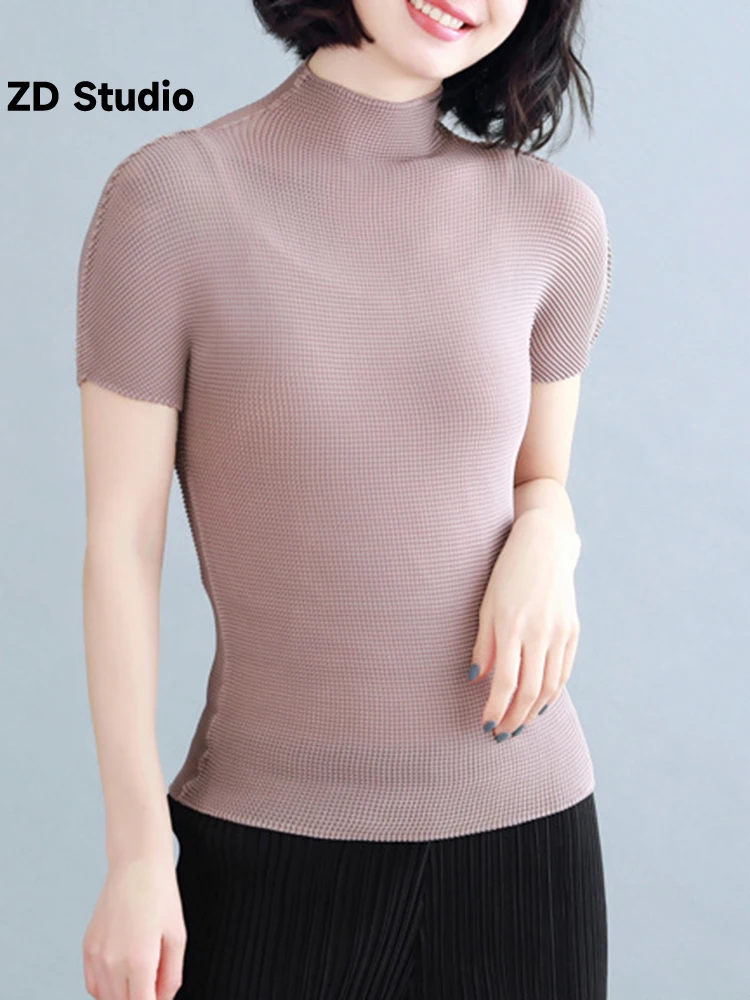

[ZD Studio] Casual Pleated T-shirt For Women Turtleneck Short Sleeves Solid Thin Fashion Tops Female Clothing 2023 New