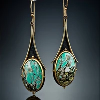 ethnic round green stone earrings vintage gold color metal carved leaves boho dangle earrings for women jewelry
