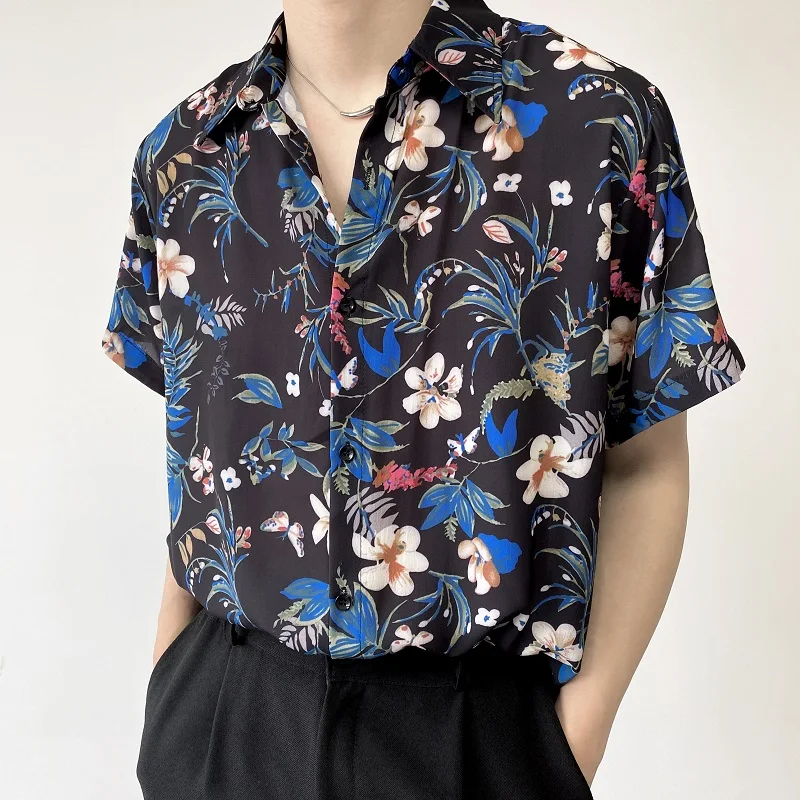 2022 Summer Floral Print Shirt for Men Short Sleeve Loose Casual Shirt Oversized Streetwear Harajuku Hip Hop Shirts Men Clothing