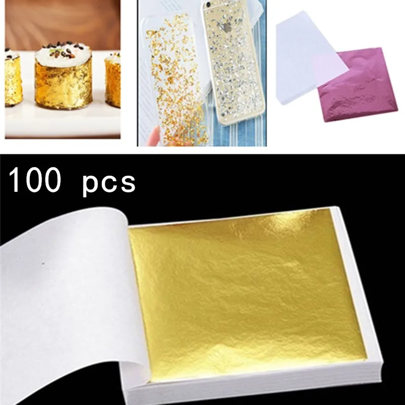 100Pcs 8*8.5cm Sheets Imitation Gold Foil Leaf Gilding for Food Cake Decor Funiture Lines Wall Crafts Eatable Gold Sliver Paper