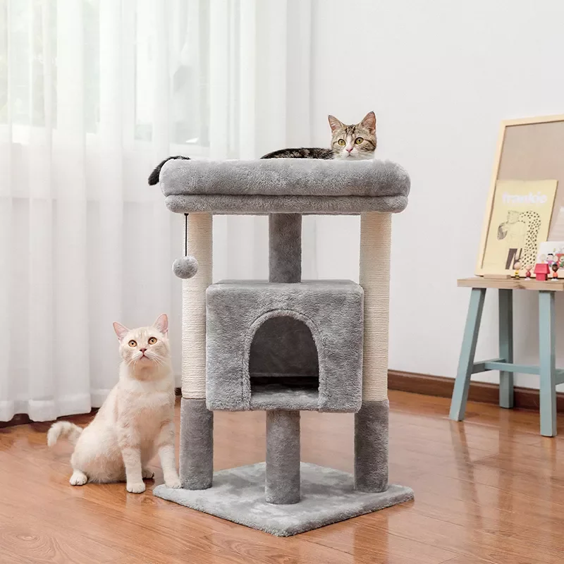

2023NEW Stable Cat Tree with Sisal Posts Cat Tower Roomy Condo Large Comfortable Perch with Dangling Ball for Small and Medium C