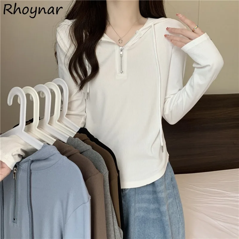 

T-shirts Women Spring Solid Simple Casual All-match Slim Students Popular Korean Style Hooded Sun-proof Popular Soft Long Sleeve