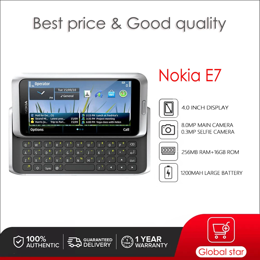 

Nokia E7 E7-00 Original Unlocked Mobile Phone 4.0 inches 1200mAh 8MP 256MB RAM 16GB ROM 3G High Quality Cellphone
