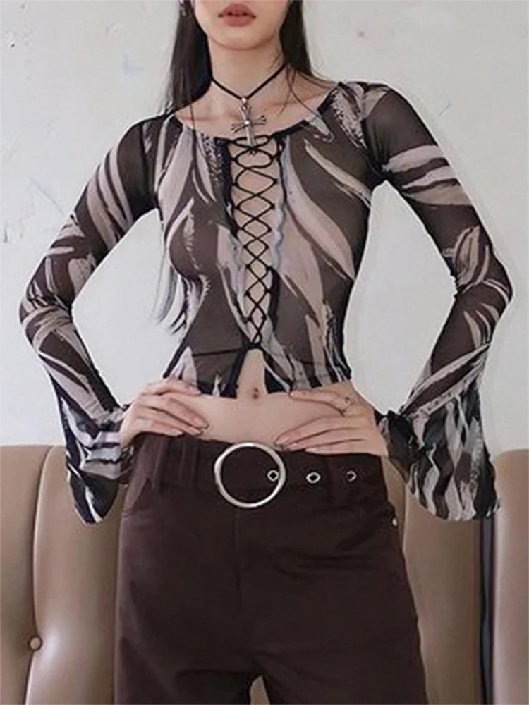 

Женский сетчатый топ с длинным рукавом, винтажный пикантный черный топ с прозрачным принтом, Y2k, уличная одежда, ажурные расклешенные футболки со шнуровкой, новинка 2023