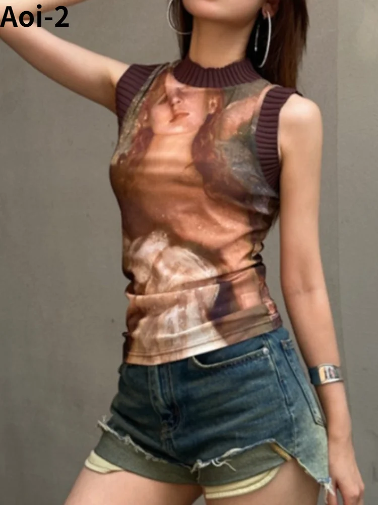 

American Style Vintage Y2k Printed Vest Women's Summer New Slim-fit Design Sense Stretch Mesh Sling Top Spice Girl Streewear