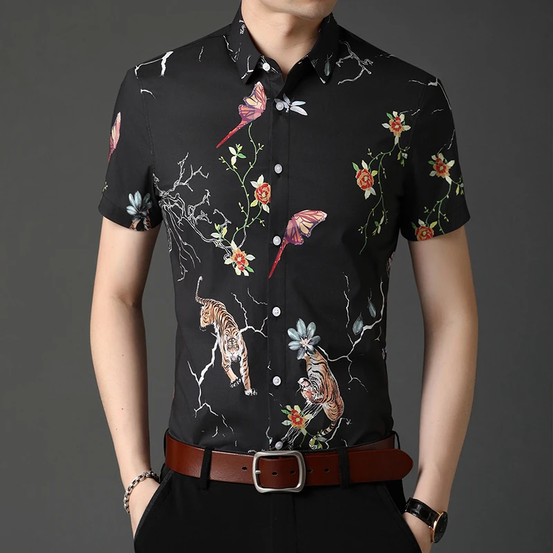 

Vintage Printed Shirts for Men Summer Short Sleeve Slim Casual Business Formal Dress Shirt Social Party White Shirt Man Clothing