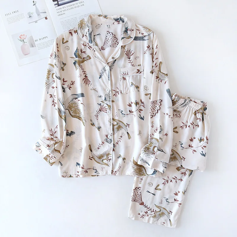 Women's Pajamas Long Sleeves Spring Autumn Two Pieces Set Viscose Cotton Sleepwear Loungewear Set For Female