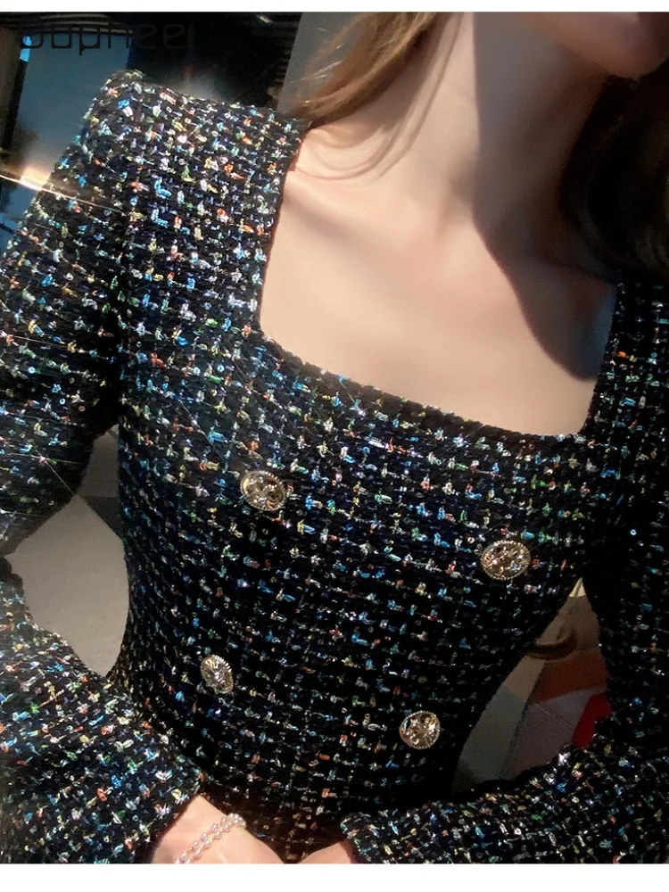 Luxury Ladies Office Starlight Shining Sequines Dress 2023 Sutumn New French Square Collar Outer Wear Underwear Tweed Dresses