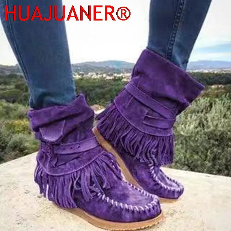 

Fringe Middle Boots Women Sexy Tassel Boots Fashion Buckle Motorcycle Boots Flat Heel Boot Women Cowboy Style Bota Feminina