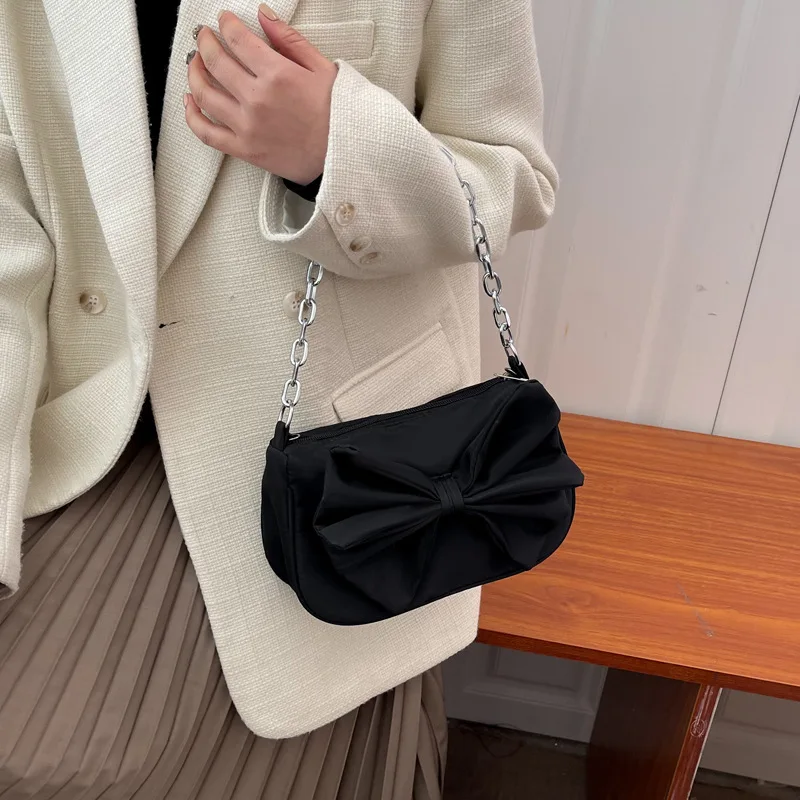 

Elegant Solid Color Bowknot Women Underarm Oxford Ladies Shoulder Crossbody Bag Female Soft Nylon Purse Small Tote Handbags