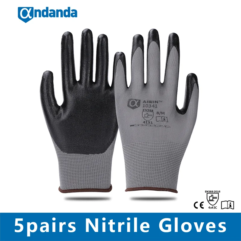 

Andanda 5pairs Gloves Security Protection Work Gloves Nitrile Gloves Abrasion Resistant Nitrile Coated Gloves For Mechanic Glove