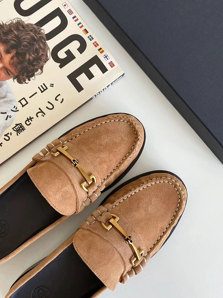 

MOOQDAAX Spring Summer 2022 New Genuine Leather Buckle Decorative Design Retro Suede Leather Flat Muller shoes Fashion WomenShoe