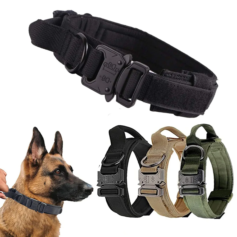 Strong Tactical Dog Collar Soft Pad Heavy Duty Nylon Adjustable Large Dog Training Collar with Handle and Metal Buckle