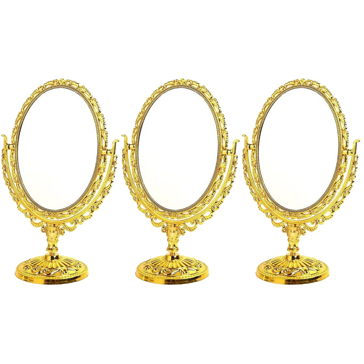 

3 pcs European Style Mirror Desktop Makeup Mirror Retro Double Sided Oval Mirror for Home Bathroom Bedroom (Golden)