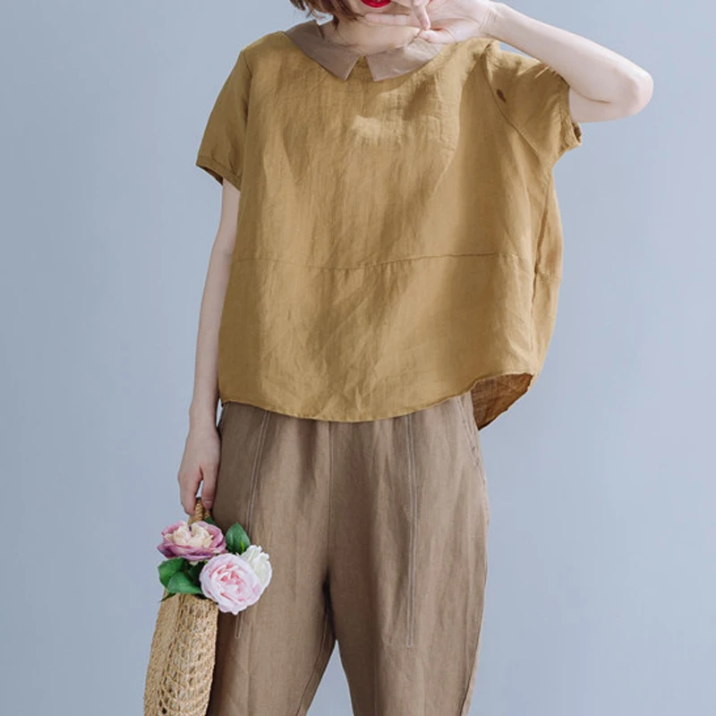 

Vintage Thin Cotton Linen Women Blouse 2022 Summer New Short-Sleeved Loose Casual All Match Lady Pulls Tops Tees