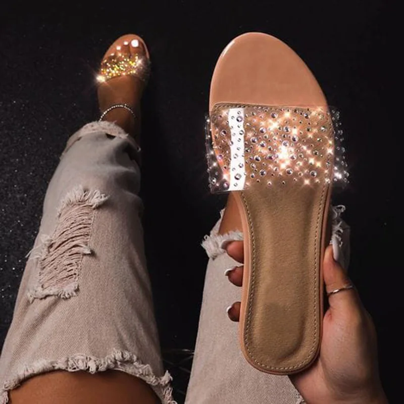 Women Slippers Transparent Sequins Woman Sandals Flat Bottom Non-slip Soft Cozy Outdoor Beach Sexy Slides New Summer Girl Shoes