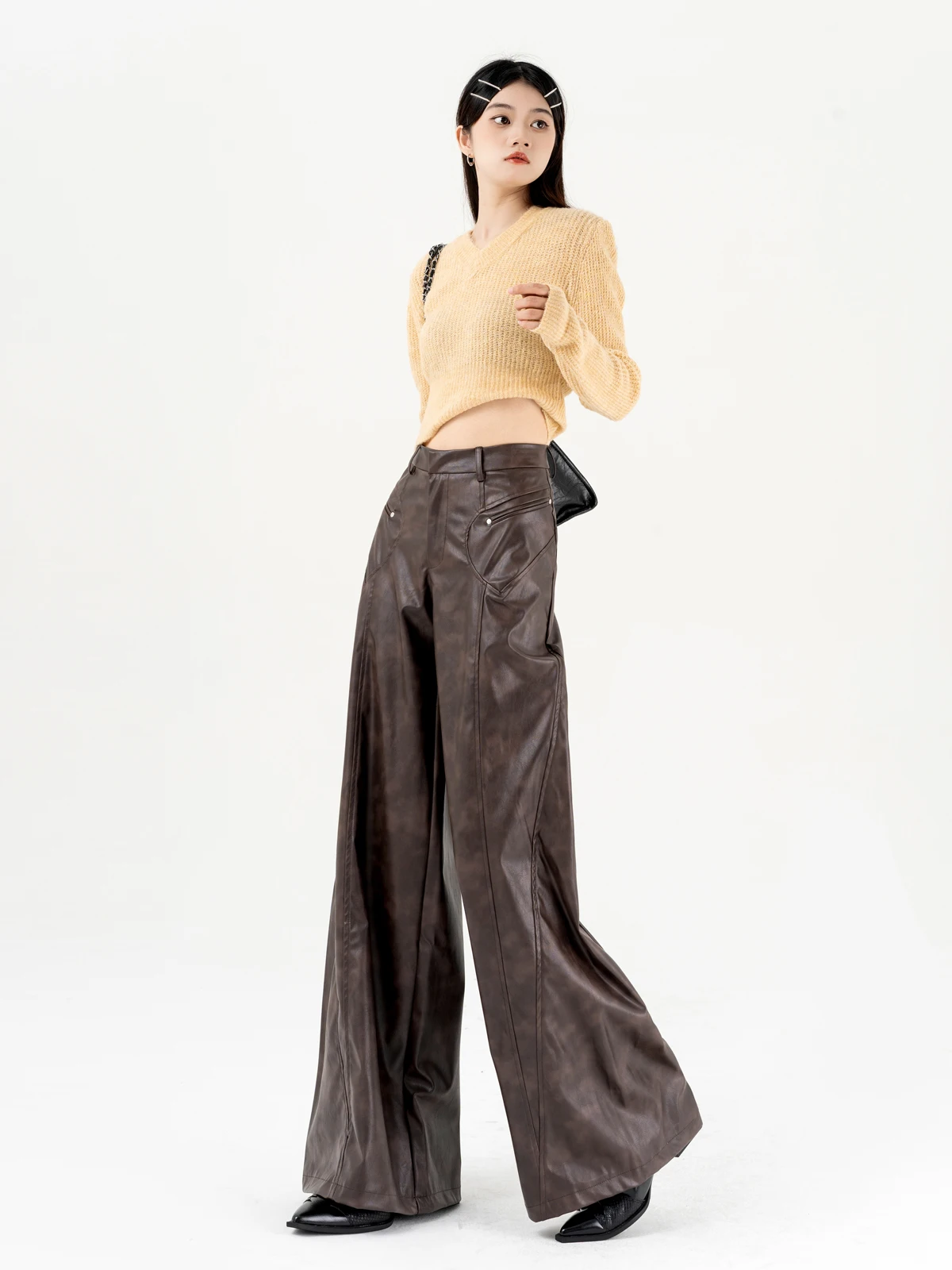 Винтажные коричневые женские брюки из искусственной кожи уличная одежда в стиле