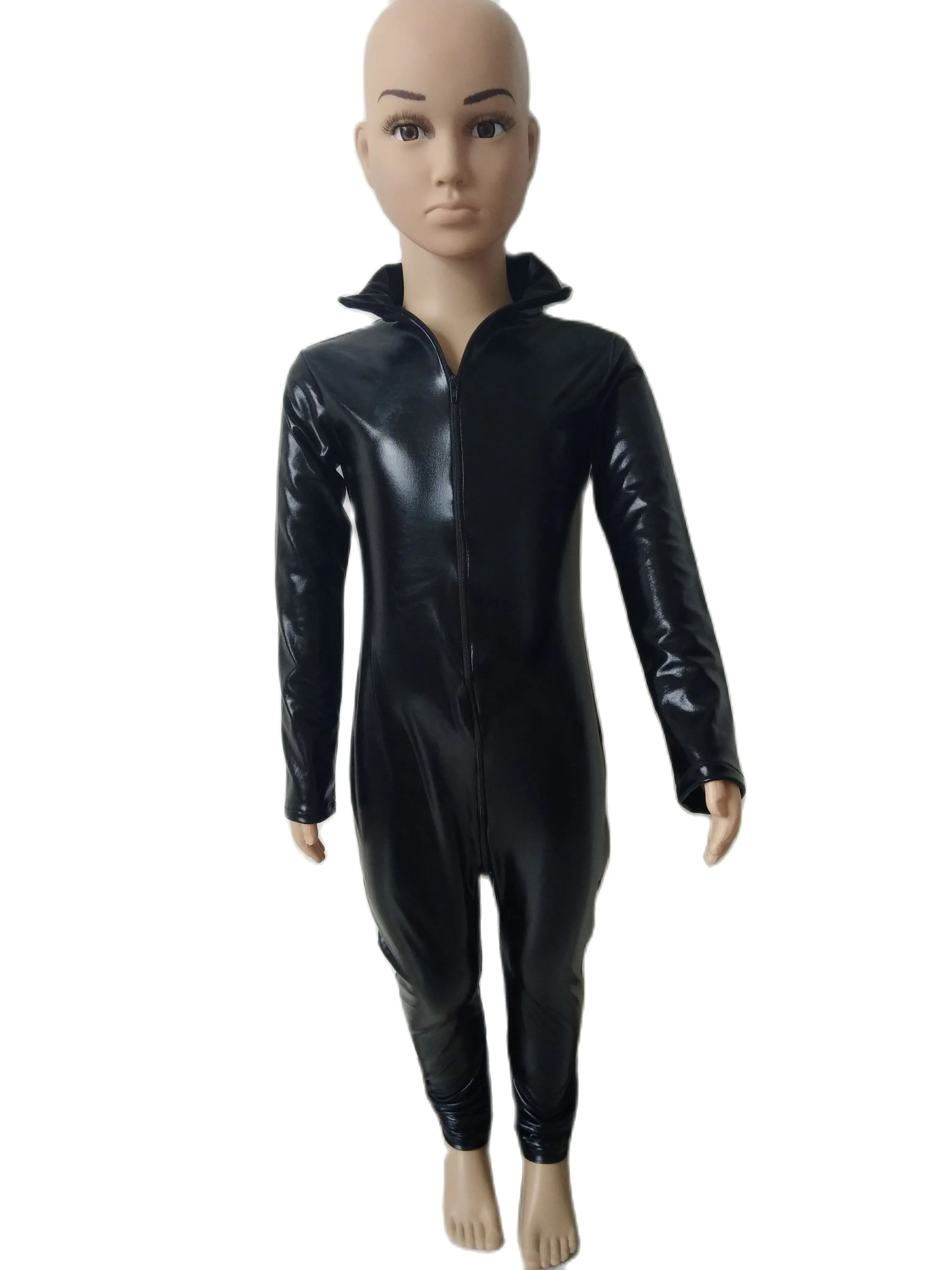 Детский черный блестящий металлический косплей костюм кошки трико с двойной