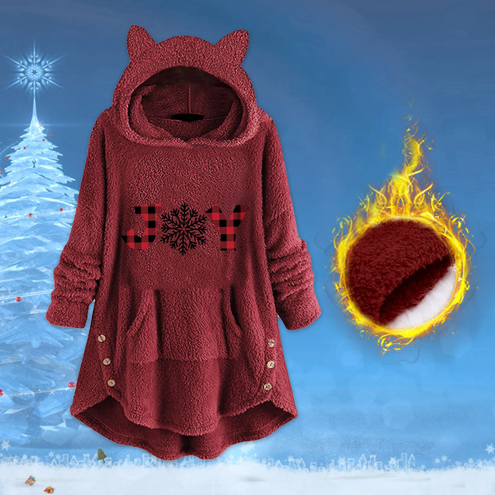 

Women's Christmas Top Letter Blouse Hooded Faux Winter Long-sleeved Top Bear Ear Warm Jacket Button Pullover Jackets