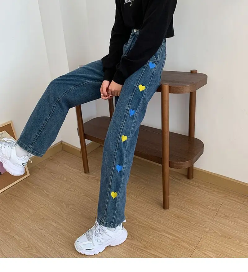 Women's High Waist Love Embroidery Pattern Jeans Y2k Spring 2021 New Tube Loose Straight New Retro Wide Leg Pants Denim Retro