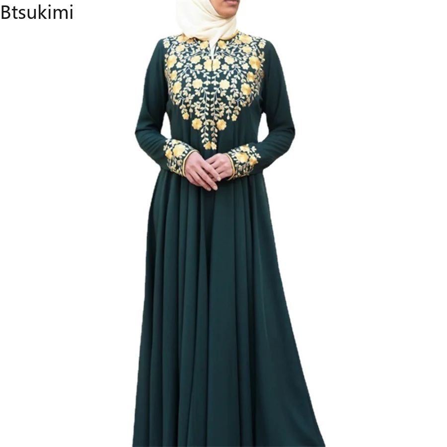 2023 Islamic Clothing Women Retro Ladies Elegant Long Sleeve V-neck Printed Chiffon Temperament Dress Women Autumn Muslim Dress