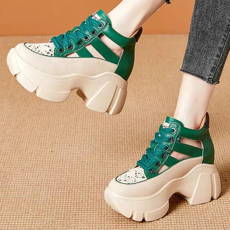 8.5cm Chunky Sneakers Genuine Leather Slides Hollow Women Summer Ankle Vulcanize Platform Sandals Wedge Breathable Female Shoes