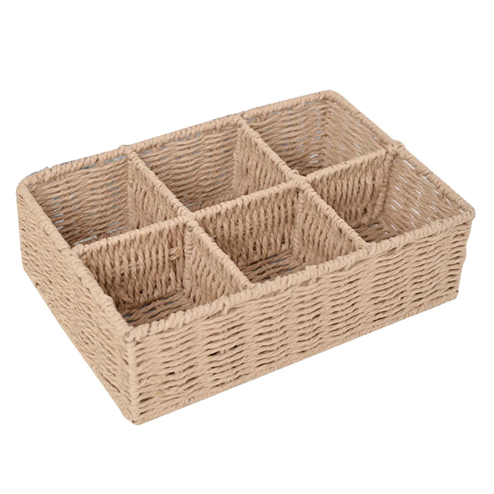 

Basket Woven Organizer Storage Baskets Wicker Compartment Toilet Rattan Holder Makeup Bin Desktop Seagrass Paper Divided