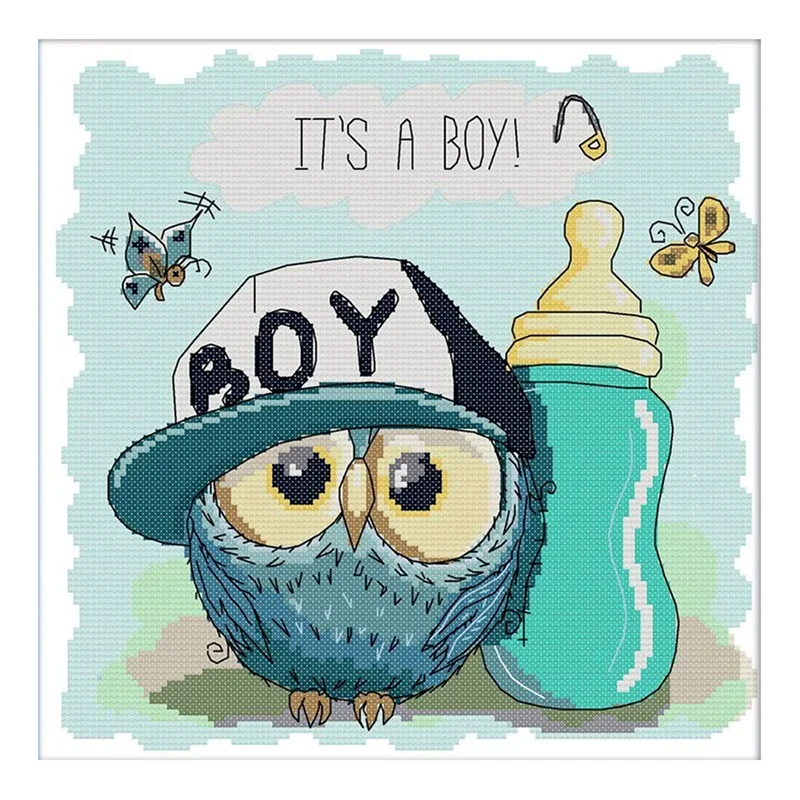 

Наборы для вышивки крестиком, штампованная вышивка, Стартовые наборы для начинающих, «сделай сам», 11CT, 3 нити-сова, малыш, 15x15 дюймов