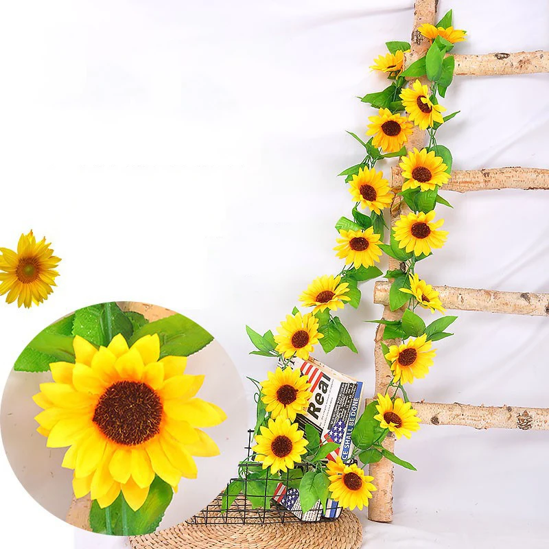

200cm Sunflower Vine Artificial Flowers Kawaii Room Wedding Decoration Fiori Artificiali Pendenti Summer Outdoor Decoration 2023