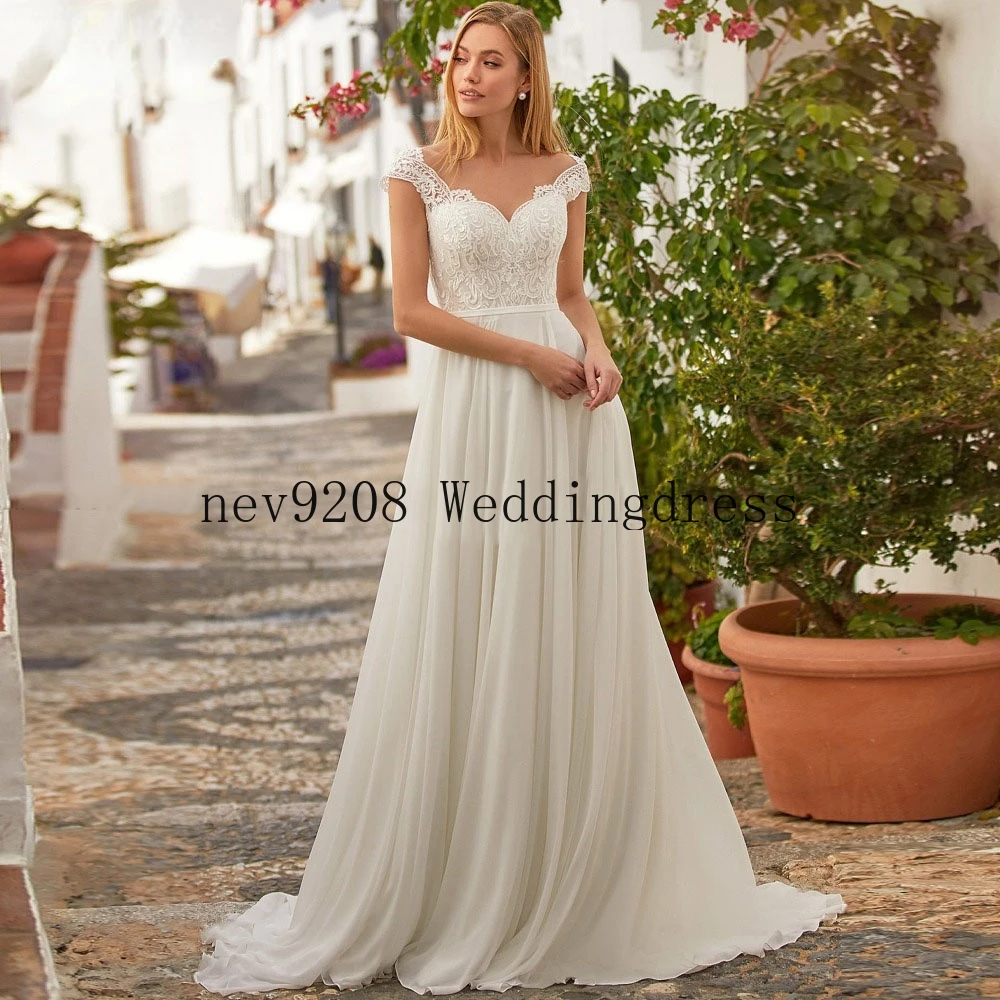 

Lace Applique Chiffon Boho Chic Wedding Dress 2022 A Line Romantic Sweetheart Neck Beach Bridal Dress Vestidos De Novia