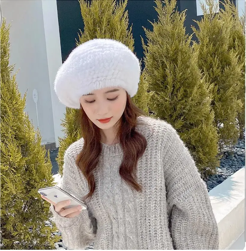 Women Genuine Mink Fur Beret Hats Knitted Winter Fluffy High Quality Elastic Warm Caps
