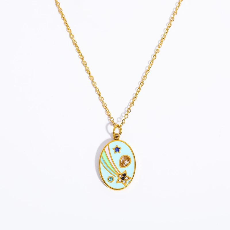 

INS Trendy Enamel Colorful Rainbow Cubic Zirconia Star Pendant Necklace for Girls 18k Gold Plated Stainless Steel Collars Gift