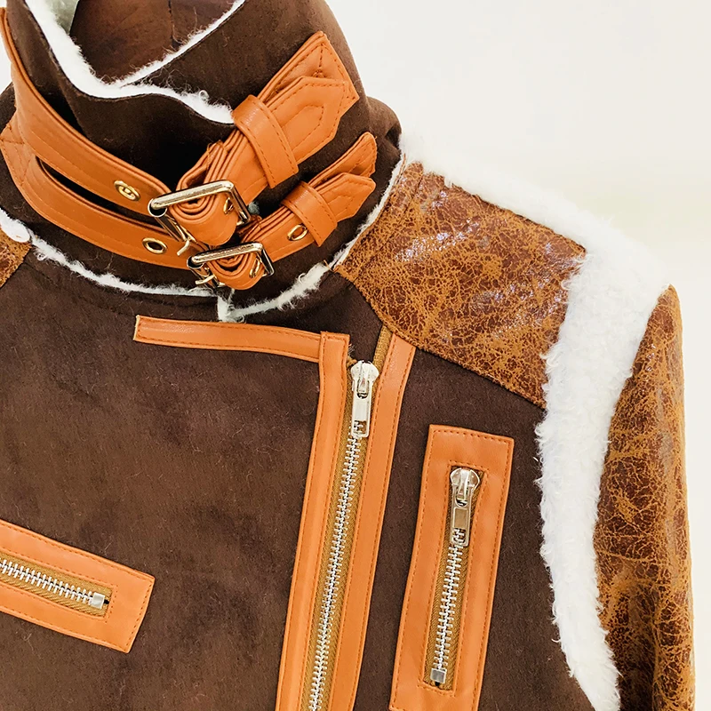HIGH STREET Newest Winter Designer Jacket Women's Zippers Patchwork Synthetic Leather Fur Jacket Overcoat enlarge