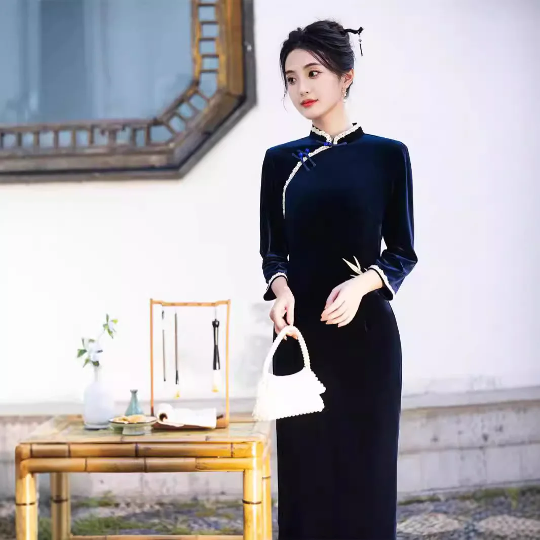 w chińskim stylu sukienki damskie seksowne szczupłe Cheongsams eleganckie tradycyjne jesienno-zimowa aksamitna Vestidos Oversize 3XL Qipao