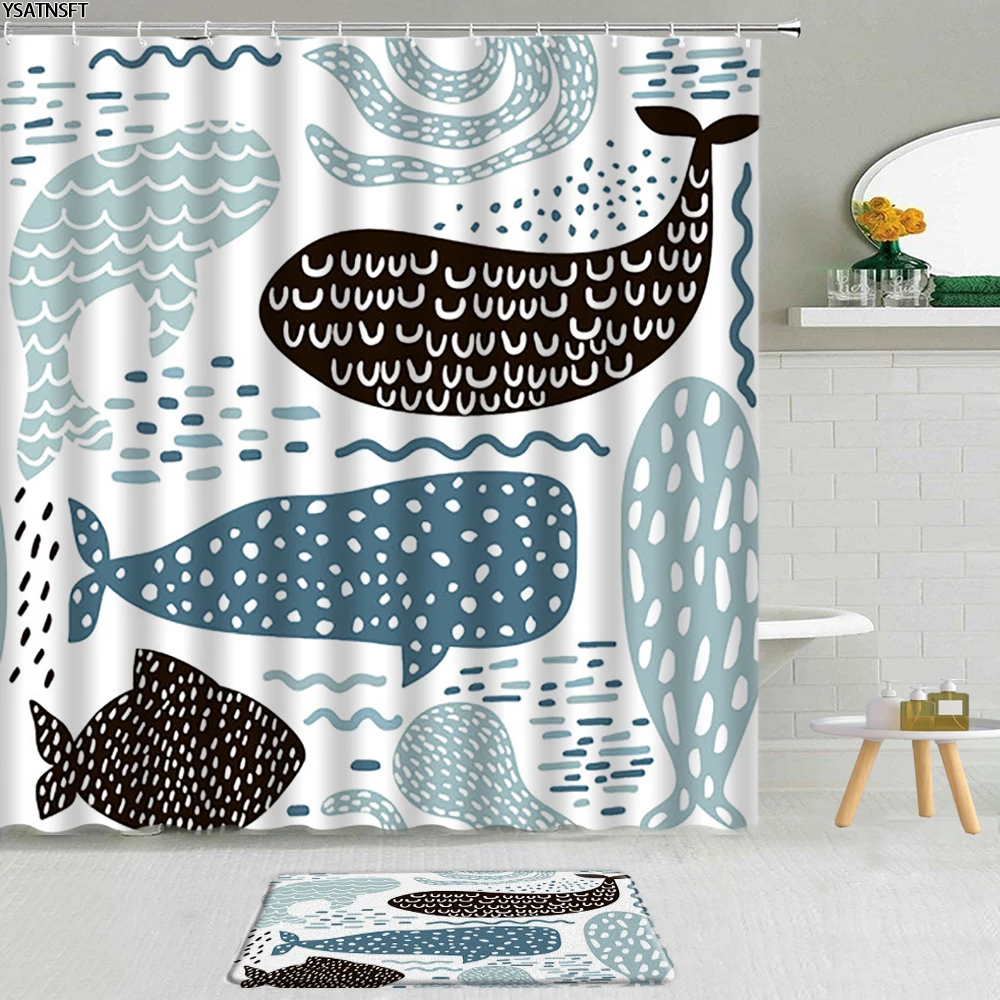 

2Pcs Cartoon Animal Whale Shower Curtain Hand Drawn Wave Geometric Pattern Bathroom Non-Slip Bath Mat Cloth Curtains Decor Set