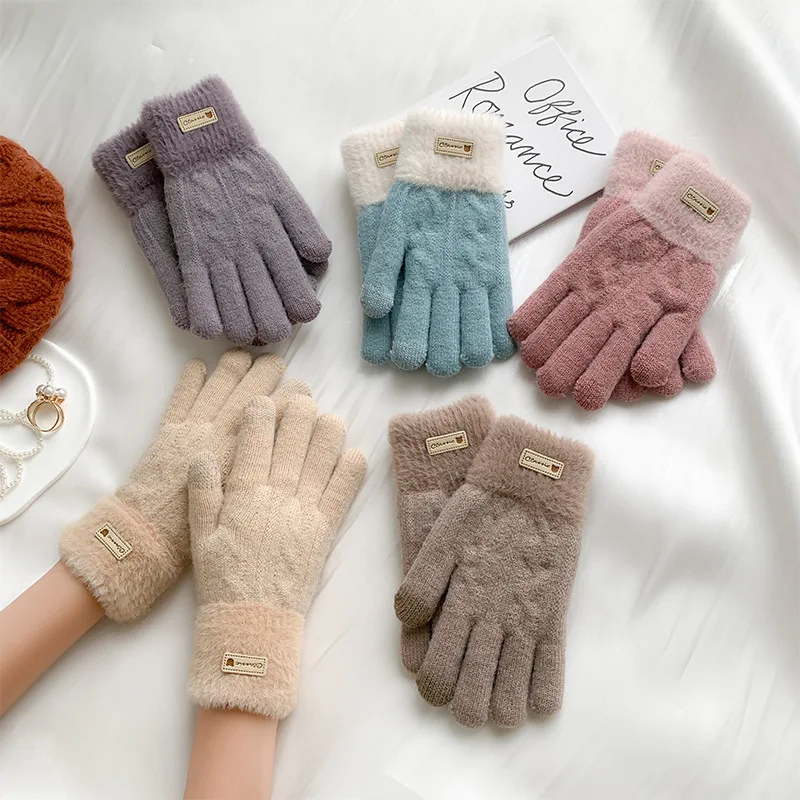

Cute Five Finger Winter Gloves for Hands Warmth Preservation Female Students Plush Thickened Woolen Knitted Women's Gloves