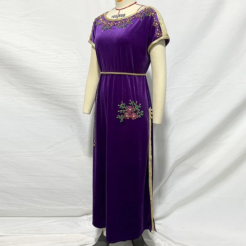 Gorgeous Kaftan Party Dresses Women Velvet One Side Slit Moroccan Muslim Evening Caftan with Belt Gulf Jalabiya Dubai  Abaya