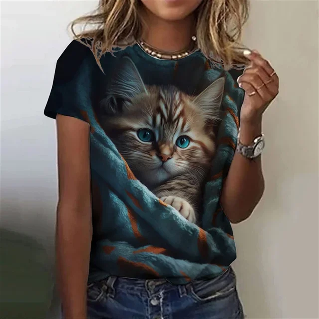 Фото Футболка женская с круглым вырезом, модный топ с 3D-принтом милого кота, с коротким рукавом, Уличная Повседневная простая одежда, на лето №2