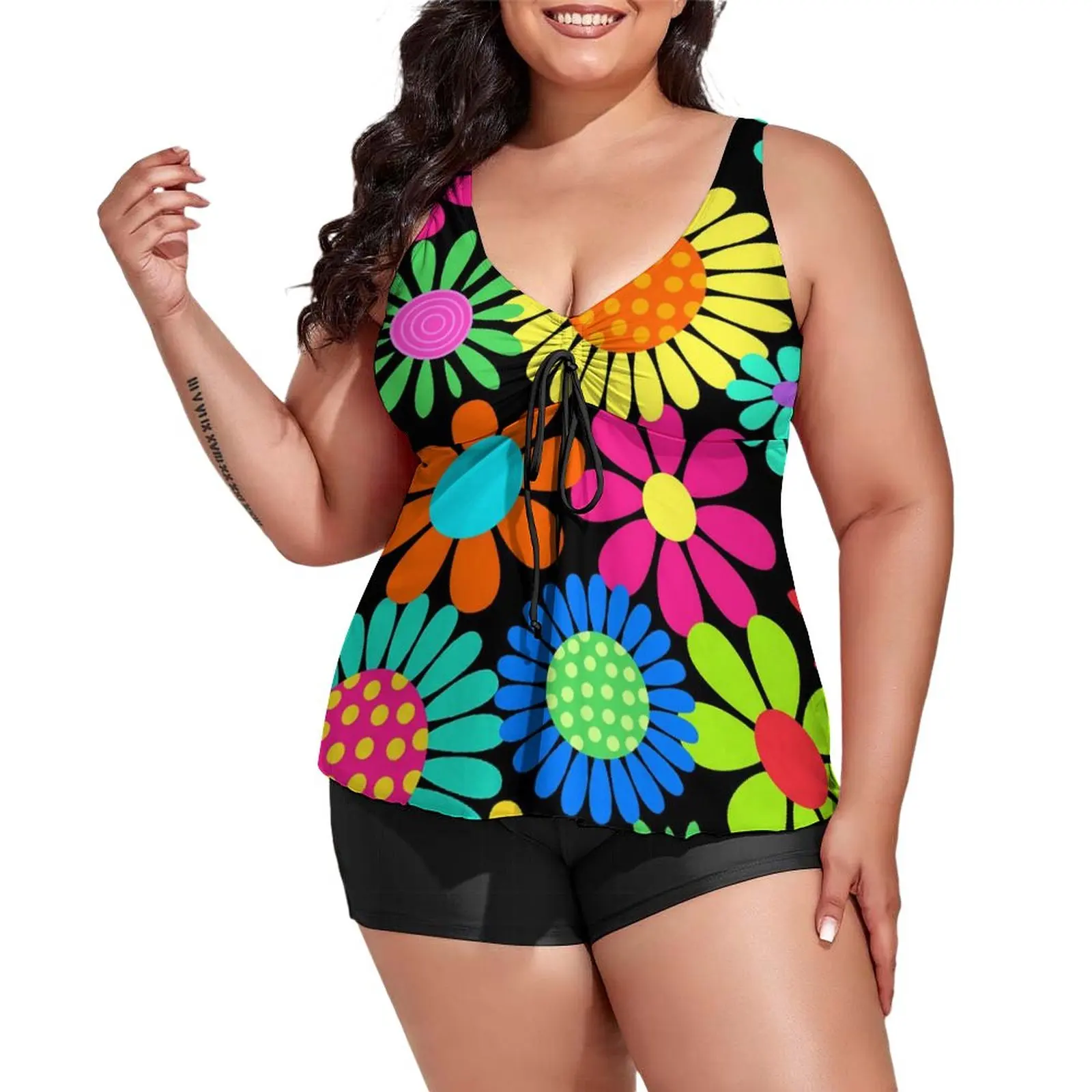 

Flower Power Tankini Swimsuit Retro Floral Print Retro Swimwear Printed Bathing Suit Female High Waist Bath Beach Wear