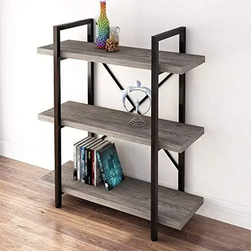 

Vintage Industrial Style Bookcase/Metal and Wood Bookshelf Furniture for Collection，Gray Oak, 3/4/5 Tier (3-Tier)